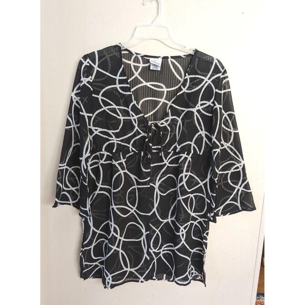 Castaways Women's XL Black White Sheer Long sleeve Bathing Suit Cover Up